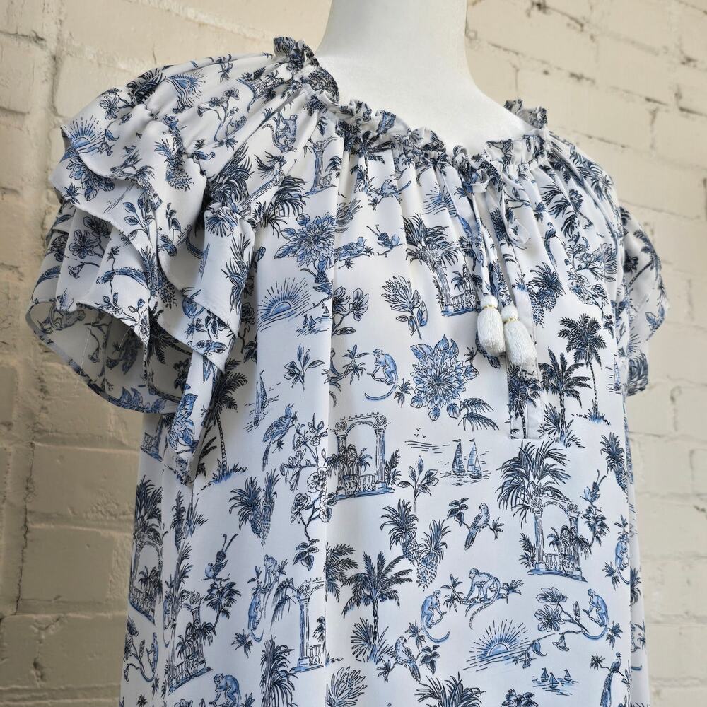 Rose + Olive Coastal Blue White Tropical Toile Flutter Sleeve Tassel Neck Blouse - Picture 4 of 11